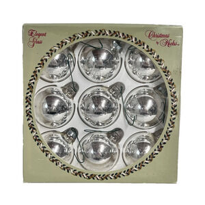 Vintage Christmas by Krebs 9 Silver 3" Shinny Glass Ornaments Balls w/ Crowns